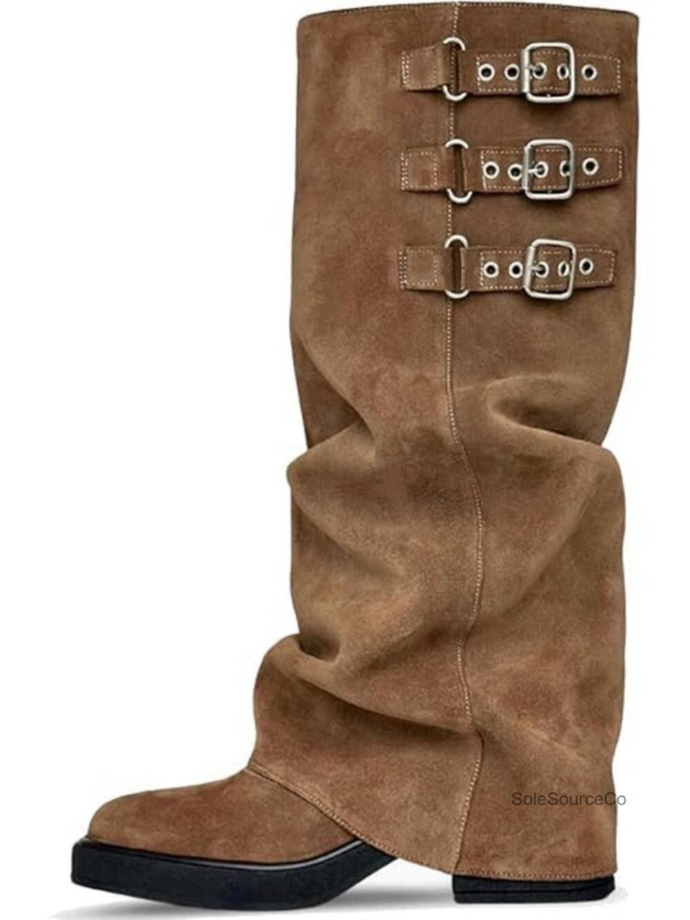 Women's Slouchy Knee-High Suede Boots Pull-On Chunky Low Heel Riding